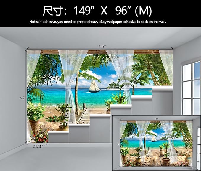 WFBHUA-Wall Mural Tropical Beach Palm Tree Wallpaper Balcony Window Seascape Landscape Wallpaper for Bathroom Living Room Bedroom (Not Peel and Stick)-Ruum Studio Home