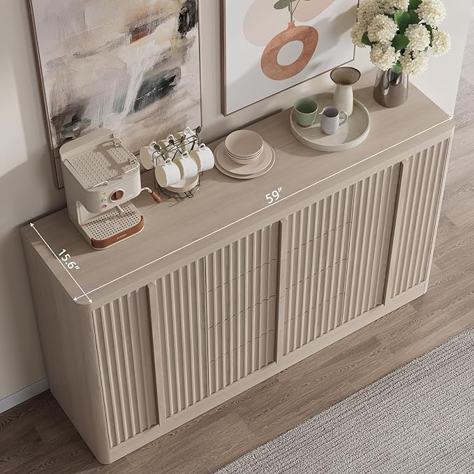 Buffet Cabinet with Storage, 60" Fluted Coffee Bar Cabinet with 4 Drawers & 2 Doors, Solid Wood Handle, Credenza Accent Storage Cabinet for Kitchen Living Dining Room, Natural Oak(1PCS)-Ruum Studio Home