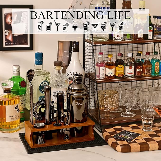Bartender Kit Cocktail Shaker Set with Stand Bar Tool Bar Set for Drink Mixing Home Bartending Kit 17-Piece Bar Cart Accessories: Martini Shaker, Mixer Spoon, Jigger, Muddler, Strainer & Recipes Gifts-Ruum Studio Home