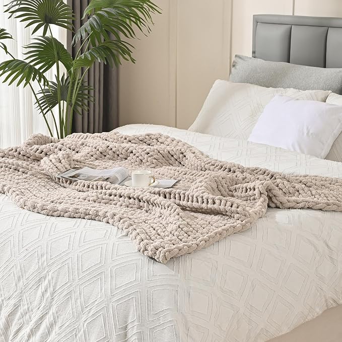 Esterra Chunky Knit Blanket Throw 60"x80", 100% Hand Knitted Chenille Throw Blanket, Cozy Soft Thick Cable Knit Throw Large Rope Knot Crochet Throw Blanket for Sofa Couch Bed, Linen Beige-Ruum Studio Home
