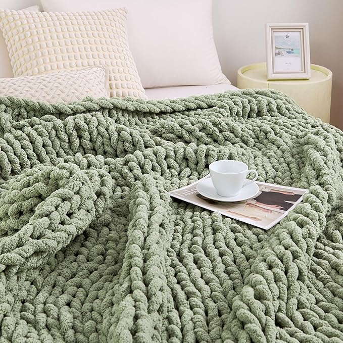 Admitrack Chunky Knit Blanket Throw, 100% Hand Knit Chenille Throw Blanket for Sofa & Home Decor, Soft and Cozy Knitted Throw Blankets (Sage Green, 60""x80""), XNR010-Ruum Studio Home
