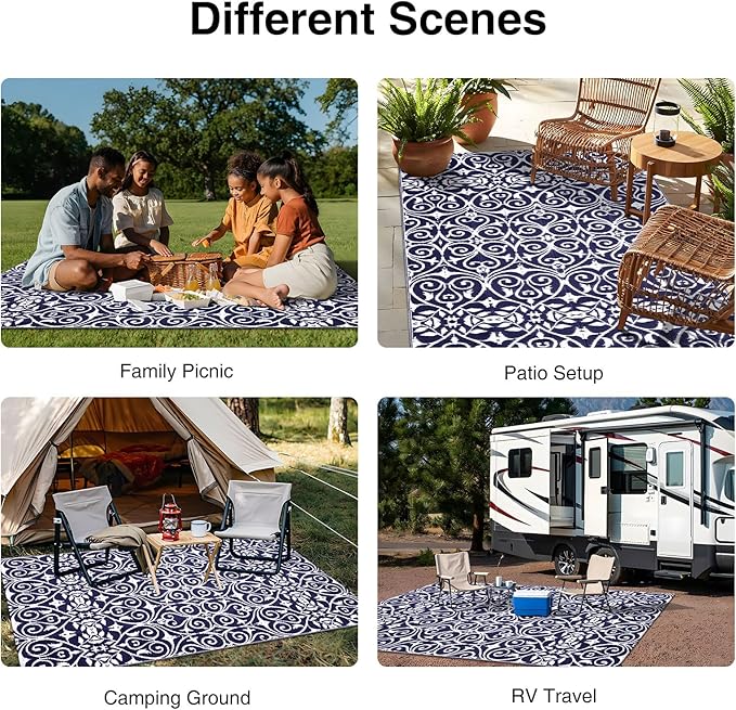OLANLY Outdoor Rug Waterproof 5x8 ft Clearance, Reversible Outdoor Plastic Straw Rug with Floral Pattern, RV Mat for Patio, Camping, Balcony, Deck, Backyard, Navy & White-Ruum Studio Home