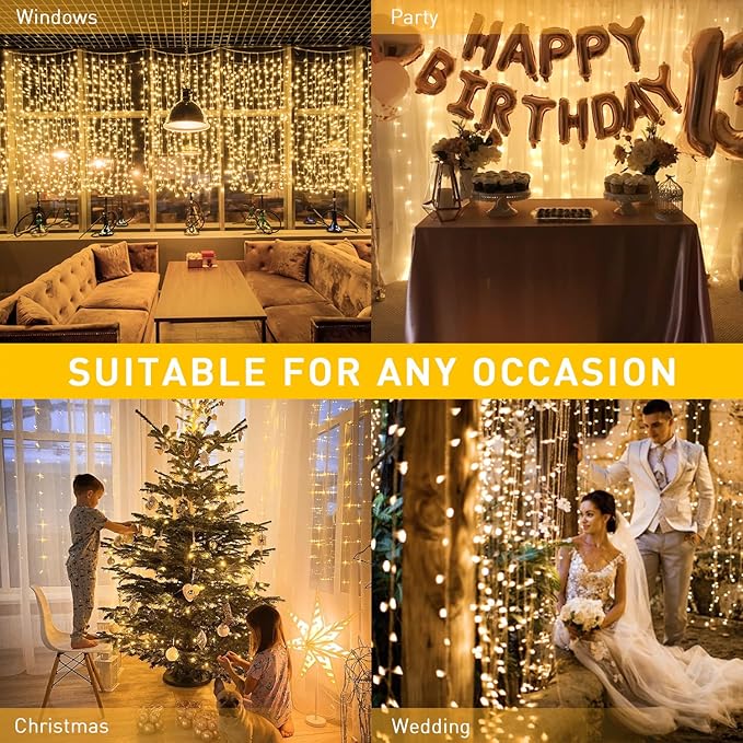 JMEXSUSS 600 LED Christmas Curtain Lights Outdoor, 9.5x19.6ft Christmas String Light Plug in with Remote, 8 Modes Wall Hanging Lights for Bedroom Party Backdrop Wedding Xmas Decor, Warm White-Ruum Studio Home