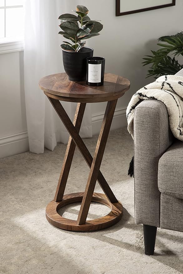 Kate and Laurel Aja Modern Side Table; 15 x 15 x 23; Walnut Brown; Decorative Modern Geometric Wood Bedroom Nightstand Table with Round Tabletop and Unique Slanted Legs-Ruum Studio Home