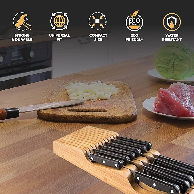 In-Drawer Knife Block - Bamboo Knife Drawer Organizer for Kitchen - Fits 5 Long + 6 Short Knives - Store Knives with Blades Pointing Down - Wooden Steak knife Holder without Knives - Chef Gift Idea-Ruum Studio Home
