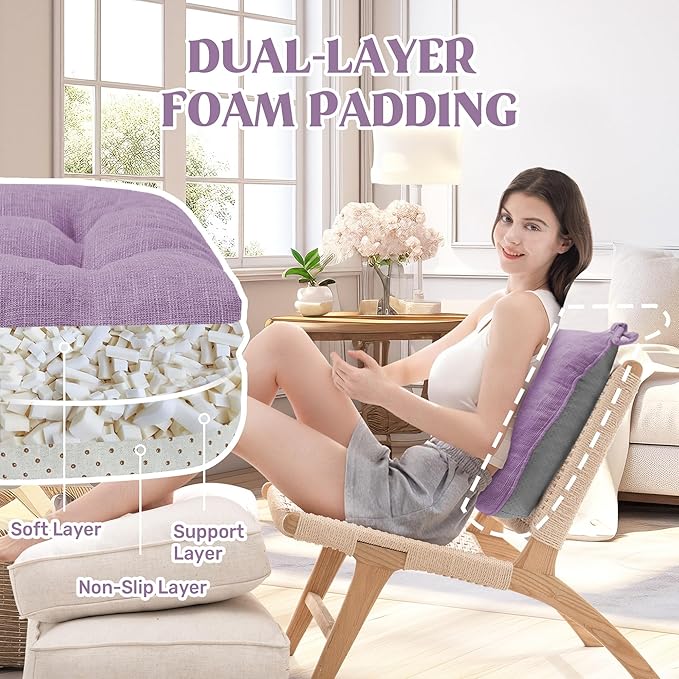 puredown® Chair Cushions for Dining Chairs, Tufted Memory Foam Chair Pads with Non-Slip Backing, Kitchen Seat Cushions with Ties, Washable Seat Pads Set of 4, 15.5" x 15.5" x 4", Purple-Ruum Studio Home