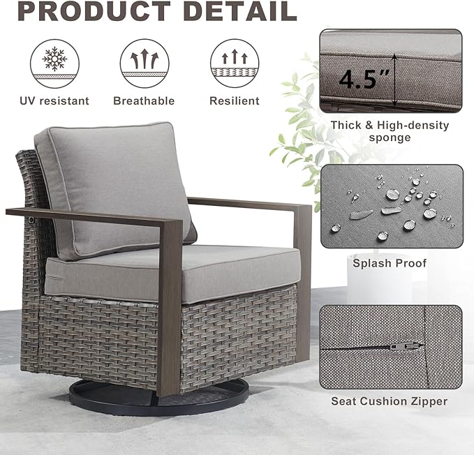 Outdoor Patio Swivel Rocker Chairs - Wicker Rattan Patio Swivel Rocking Chairs Set of 2 with Metal Wide Armrest, Thick Cushions and Deep Seating for Deck Porch Sunroom Garden(Mixed Grey/Grey)-Ruum Studio Home