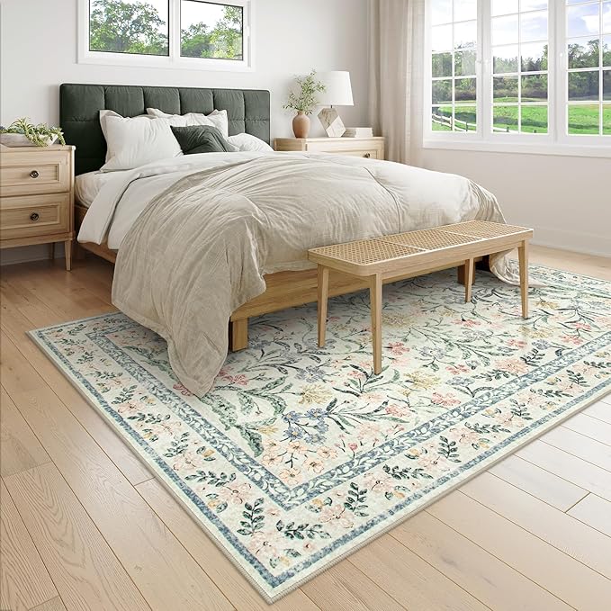 Wonnitar Washable Area Rugs 5x7, Soft Floral Bedroom Area Rug, Washable Carpet 5x7 Non Slip, Boho Flower Print Beige Carpets for Living Room Bedside Dining Room-Ruum Studio Home