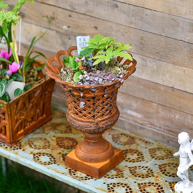 Sungmor Heavy Duty Cast Iron Urn Planter, Beautiful Hollow Trophy Design Tall Orchid Flower Pot, Large Decorative Plastic Flowers Plants Bouquets Vase, Rustic French Country Pot for Home or Garden-Ruum Studio Home