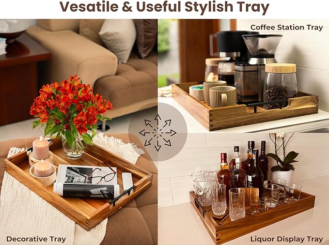 Acacia Wooden Ottoman Tray for Living Room – 21" Large Coffee Table Serving Tray with Handles & 6 Coasters Set, Perfect for Food, Drinks, Kitchen, and Home Decor-Ruum Studio Home