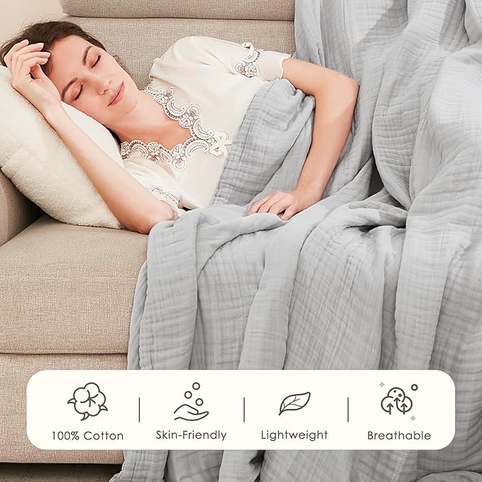 EMME Cotton Blanket Twin XL for Bed Soft Muslin Blankets 66"x90" Lightweight Breathable Layering Bedspread Coverlet All Season Gauze, Light Grey-Ruum Studio Home