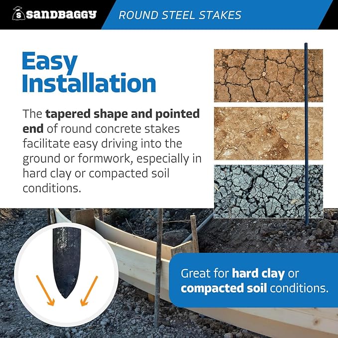 Sandbaggy Round Steel Concrete Form Stakes with Nail Holes - Rust Resistant Coating - Removable, Reusable (5, 3/4 in X 60 in)-Ruum Studio Home