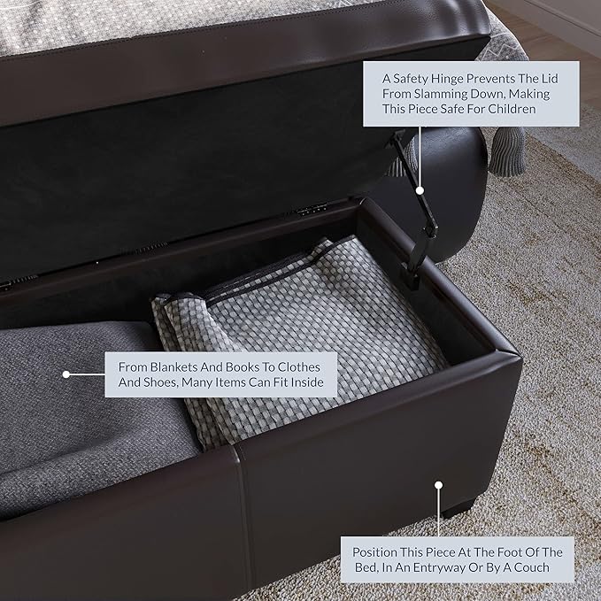 BELLEZE 47 Inch Storage Ottoman, Faux Leather Storage Bench Bedroom Bench with Safety Close Hinge, Ottoman with Storage for Living Room, Entryway, Hallway, Foot Rest, Support 300lbs - Brown-Ruum Studio Home