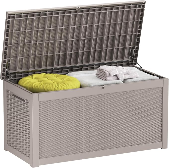 260 Gallon Deck Box XXL Large Outdoor Storage for Patio Furniture,Outdoor Cushions,Garden Tools and Pool Supplies,Waterproof,Resin,Lockable(Grey Rattan)-Ruum Studio Home