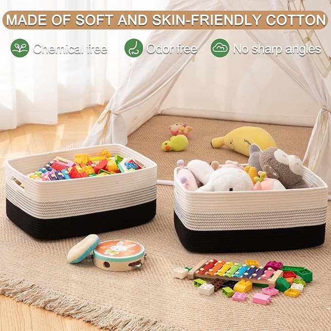 Large Storage Basket for Organizing, Woven Rope Basket for Shelves, Closet Organizer Bins for Clothes, Blanket, Toys, Baby Nursery Storage, 17.7" x 13" x 7.87", 2 Packs Gradient Black-Ruum Studio Home