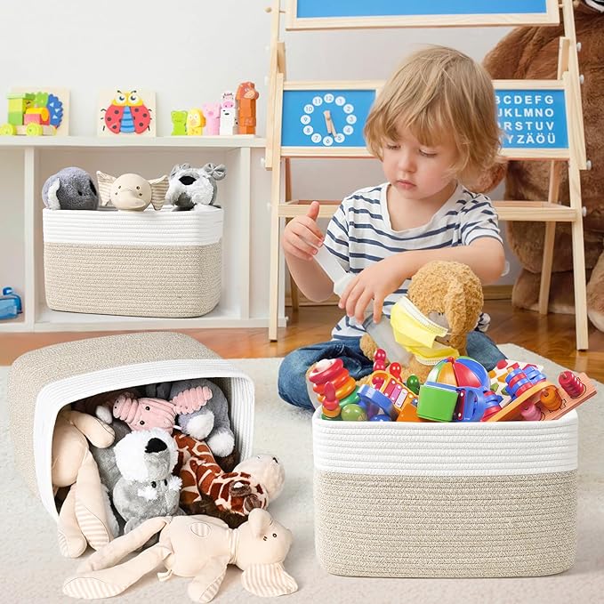 Shelf Baskets for Organizing, Woven Storage Basket for Shelves, Cotton Rope Storage Bins for Toys Books, Nursery Towel Baskets for Classroom, 14.96"X9.8"X8.85", 3-Pack White/Brown-Ruum Studio Home