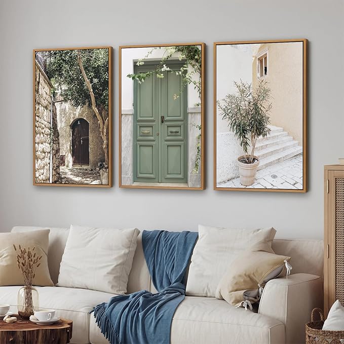 SIGNINART Large Vintage Italy City Landscape Framed Canvas Wall Art Set, Rustic Olive Green Tree Wall Decor, Modern Minimalist French Farmhouse Art Print for Living Room,Bedroom,Office 24"x36"x3-Ruum Studio Home