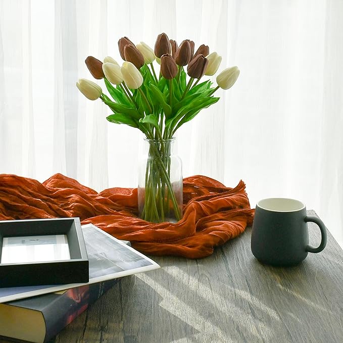 Mandy's Artificial Tulips 20 Stems White and Brown PU Faux Flowers for Wedding Home Decor 13.5 Inch-Ruum Studio Home