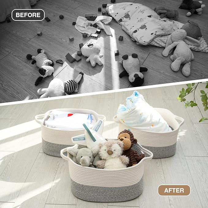 Cotton Rope Woven Storage Basket, Used for Baby Hamper Toy Organizer, Gift Baskets Empty,Kids Laundry Basket,Baby Blanket Basket. Size 15x10x8.7 Inches. (White&Grey-3PCS)-Ruum Studio Home