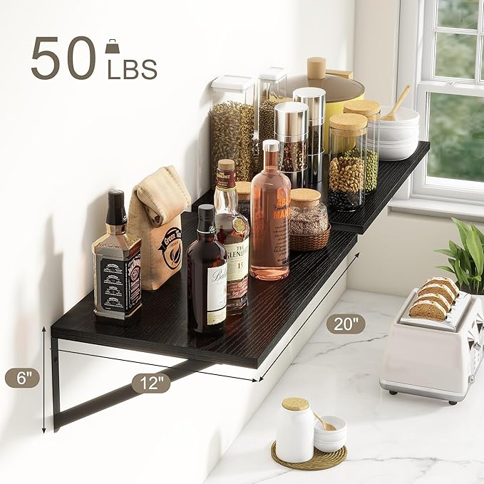 Fun Memories 20 Inch Floating Shelves for Wall, Black Bathroom Shelves Set of 2, 12 Inch Deep Wall Shelf for Bedroom, Kitchen, Large Home Decor Shelves Farmhouse Storage Shelf-Ruum Studio Home