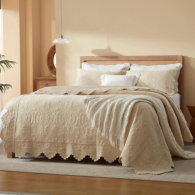 MarCielo 3-Piece 100% Cotton Oversized Bedspread Lightweight Quilt Coverlet Embroidery Farmhouse Bedding Set(TL Beige,Oversized Queen (100"x106"))-Ruum Studio Home