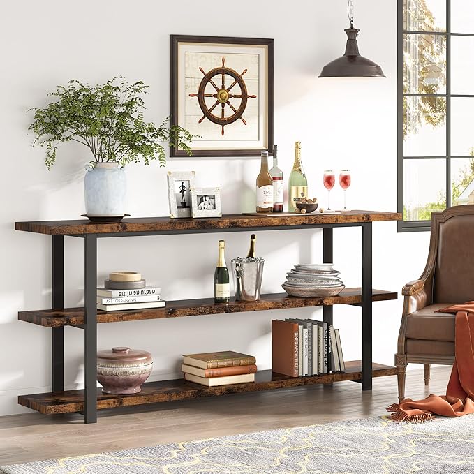 70.8 Inch Extra Long Console Table for Entryway, Narrow Hallway Table, Wood Sofa Table with 3 Tier Storage Shelves for Living Room-Ruum Studio Home