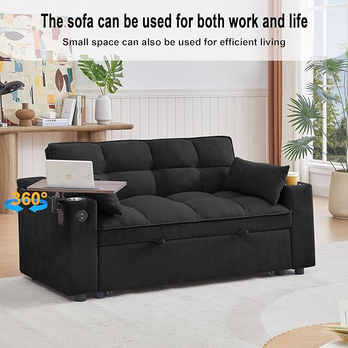 66" Multi-Functional Pull-Out Sofa Bed with Hidden Side Table, Storage Armrests, Built-in Charging Port, Spring Mattress, Solid Wood Frame – Ideal for Small Spaces, Easy Assembly-Ruum Studio Home