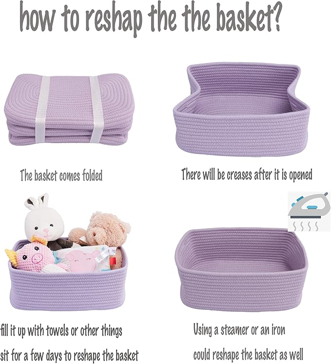 Small Woven Storage Baskets 12“X8”X5“ Decorative Rope Bins for Organizing Shelves, Closets, and Toys, Empty Gift Baskets, Cute Organizer Basket for Home and Office (purple, regular)-Ruum Studio Home