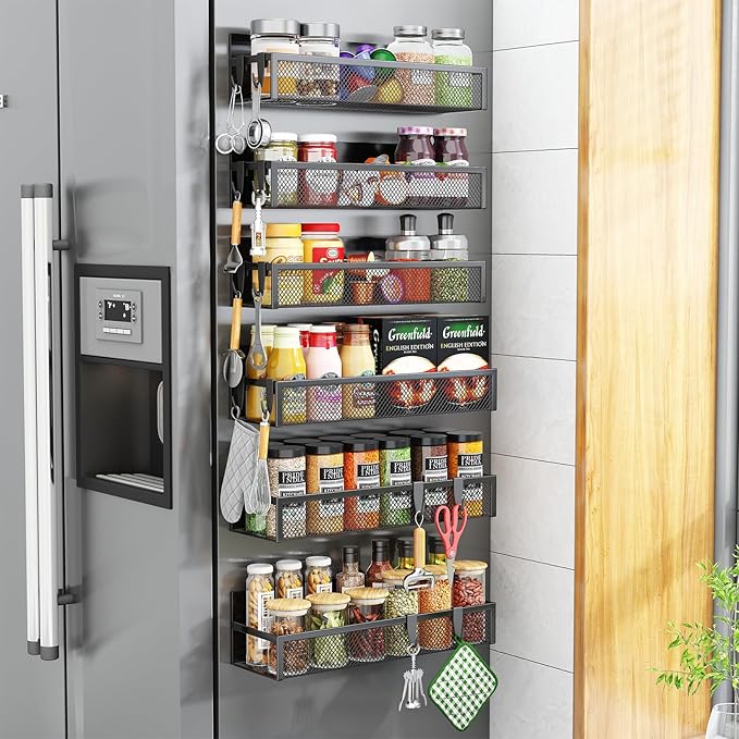 Magnetic Spice Rack for Refrigerator, 6 Pack Magnetic Shelf, Fridge Magnet Organizer with Moveable 12 Hooks, Magnetic Fridge Shelf for Kitchen Organization and Storage (6 Pack)-Ruum Studio Home