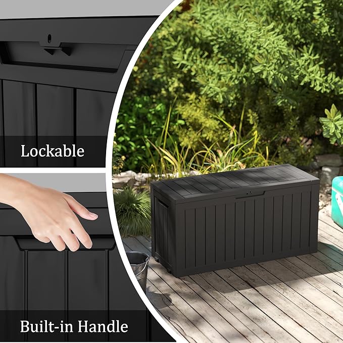 80 Gallon Outdoor Storage Box with Wheels, Waterproof Lockable Resin Deck Box Patio Storage Bin for Pool Accessories Cushion Furniture, Garden Tools, UV-Resistant Outside Delivery Black-Ruum Studio Home