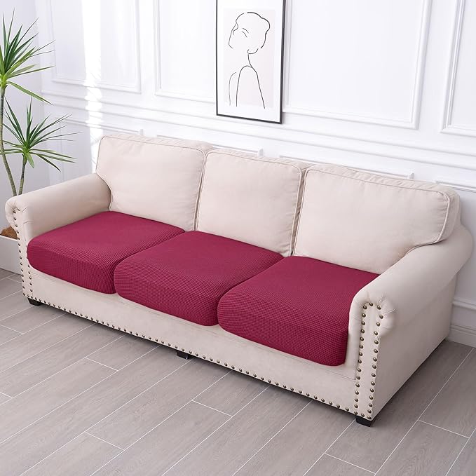 hyha Waterproof Couch Cushion Covers for Pets, Non Slip Sofa Seat Cover for Dogs Washable, Soft Thick Stretch Jacquard Fabric, Sofa Slipcovers with Elastic Bottom (3 Pieces, Wine Red)-Ruum Studio Home