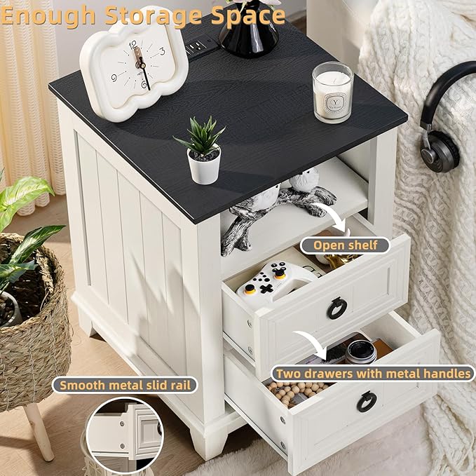 18" Farmhouse Night Stands Set of 2 with Charging Station, 2 Drawers End Table Dresser for Bedroom， Wooden Nightstand, Bed Side Table with Open Shelf, Bedside Cabinet for Living Room（White）-Ruum Studio Home