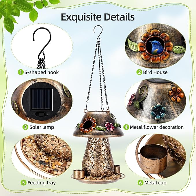 Mushroom Solar Bird Feeders for Outdoors Hanging Metal Wild Bird Feeder Garden Lantern with S Hook for Garden Decoration Brown-Ruum Studio Home