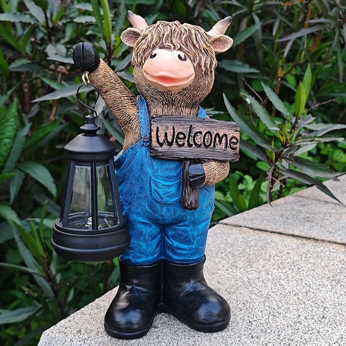 Solar Garden Statues -Highland Cow Lantern Outdoor Handmade Resin Statue with LED Light, and Welcome Holder for Patio, Yard, Gift Ideas (cow2)-Ruum Studio Home