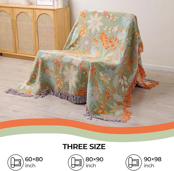 Boho Fall Throw Blanket for Bed，100% Ultra Cotton Soft Breathable Bed Throw Floral Printed Farmhouse Decor Rustic Bed Throws for Couch Sofa Quilt 60" x 80"-Orange& Sage Green-Ruum Studio Home