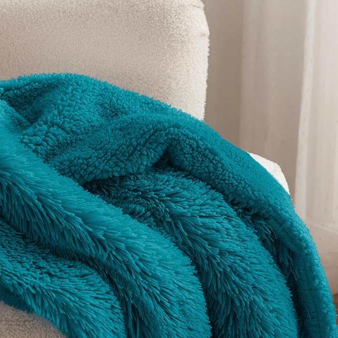 Bedsure GentleSoft Fuzzy Sherpa Faux Fur Twin Blanket Teal Cozy Gifts for Women Men, Soft Fleece Plush Warm Minky Thick Blanket Twin Size for Bed, Couch, Room Dorm Essentials Teal Decor Gifts, 60x80-Ruum Studio Home