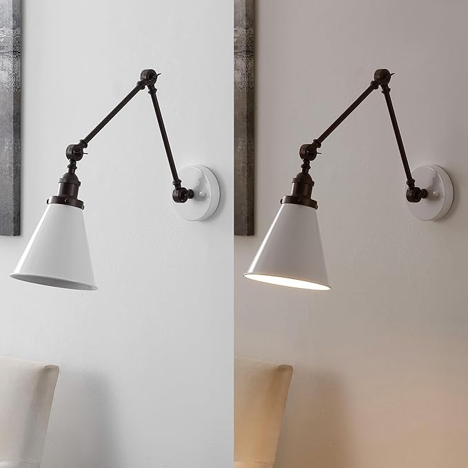 JONATHAN Y JYL7462C Rover 7" Classic Industrial Metal Adjustable Arm LED Wall Sconce, White/Oil Rubbed Bronze for Bedroom, Bathroom, Vanity-Ruum Studio Home