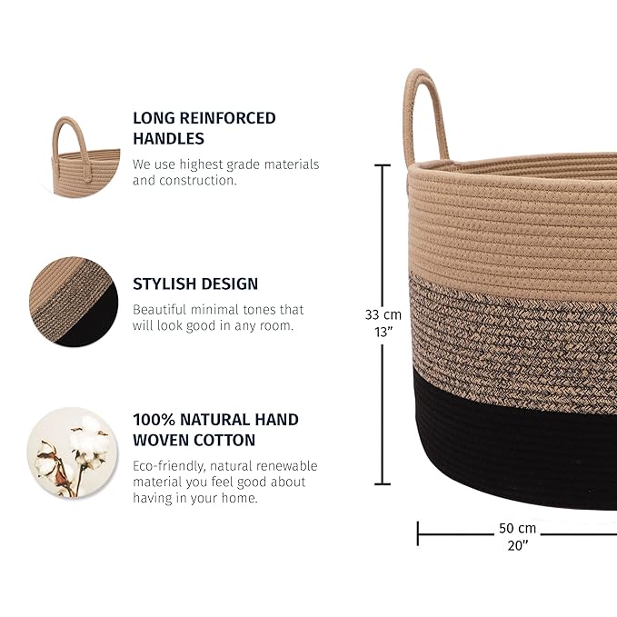 OrganiHaus Woven Laundry Basket, Large Cotton Rope Blanket Holder with Handles, Soft & Sturdy Nursery Hamper, Decorative Toy Bin for Living Room Organization 20x13 inches - Brown/Black-Ruum Studio Home
