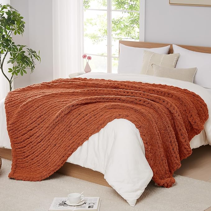 L'AGRATY Chunky Knit Blanket Throw: 72''x84'' Chenille Chunky Knitted Throw Blankets for Bed Couch - Handmade Thick Big Cable Knit Blanket - Large Crochet Rope Blankets for Home Decor(Rusty Orange)-Ruum Studio Home