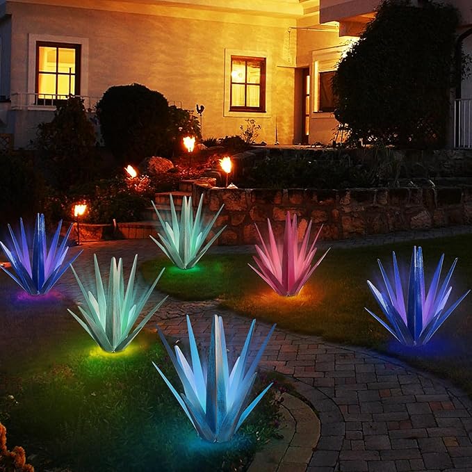 Large Tequila Rustic Sculpture, Rustic Metal Agave Plants for Outdoor Patio Yard, Home Decor Hand Painted Metal Agave Garden Yard Statue, Outdoor Lawn Ornaments (Rose Red - L (W/Solar Light))-Ruum Studio Home