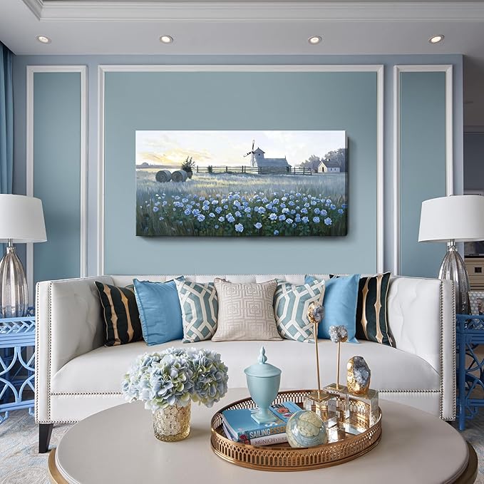amatop Large Rustic Canvas Wall Art – Farmhouse Blue Rose and Windmill Landscape Picture, Nature Country Floral Sunset Wall Decor for Living Room Bedroom, Countryside Botanical Artwork Print 48x24 Inch-Ruum Studio Home