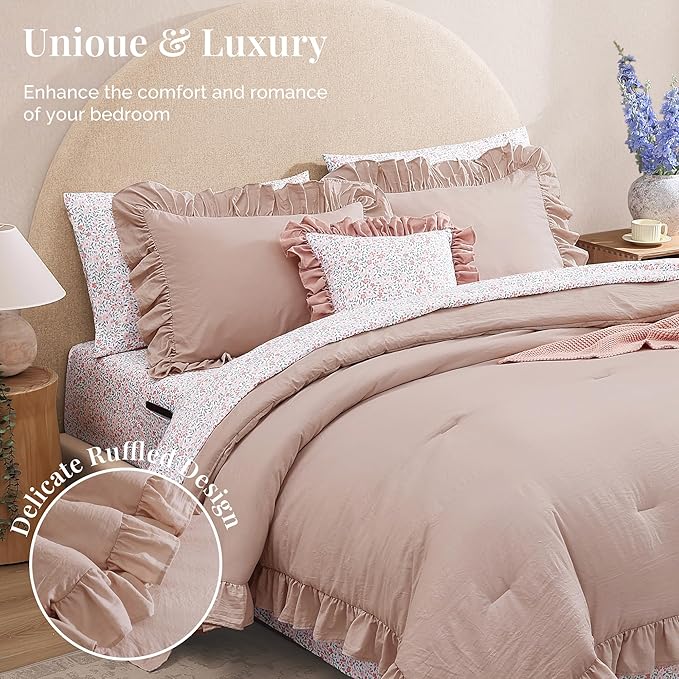 King Comforter Set - 7 Pieces Ruffle Pink Bedding Sets, Shabby Chic Farmhouse Bed in a Bag King with Ruffle Comforter, Floral Sheets, Pillowcases & Shams-Ruum Studio Home