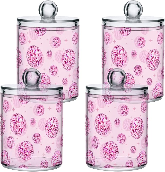 2 Pack Qtip Holder Organizer Dispenser Disco Balls Pink Bathroom Storage Canister Cotton Ball Holder Container for Cotton Pads/Swabs/Floss-Ruum Studio Home