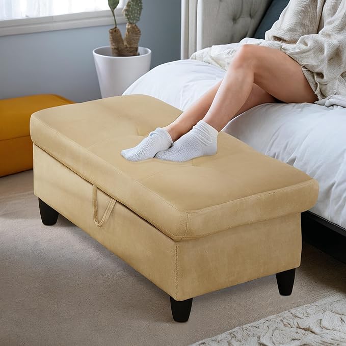 Ottoman Rectangular Storage Ottoman Bench, Flannel Footrest Stool Footstool with Lid for Living Room, Bedroom, Entryway, Light Brown, 28.5"x19"x17.5"-Ruum Studio Home