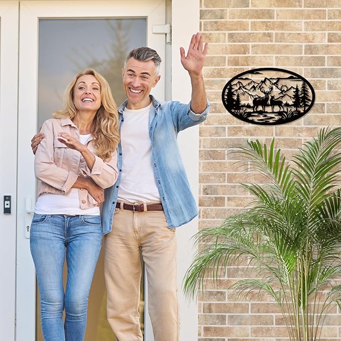 Rustic Metal Deer Cabin Sign, Christmas Gift for Living Room,Welcome Sign, Deer Outdoor Metal Wall Art, Great Gift for Hunters, Cabin Deco-Ruum Studio Home