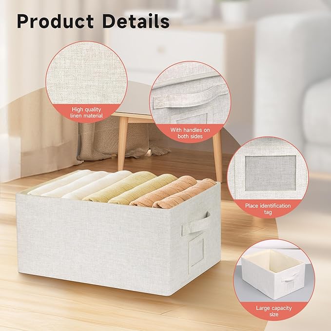 Large 17''x12'' Quart Collapsible Stackable Storage Bins with Lids, 4 Packs Off White Fabric Closet Boxes with Lids, Storage Cube Baskets Container Organizers for Bedroom Office(17''x12.2x''8'')-Ruum Studio Home