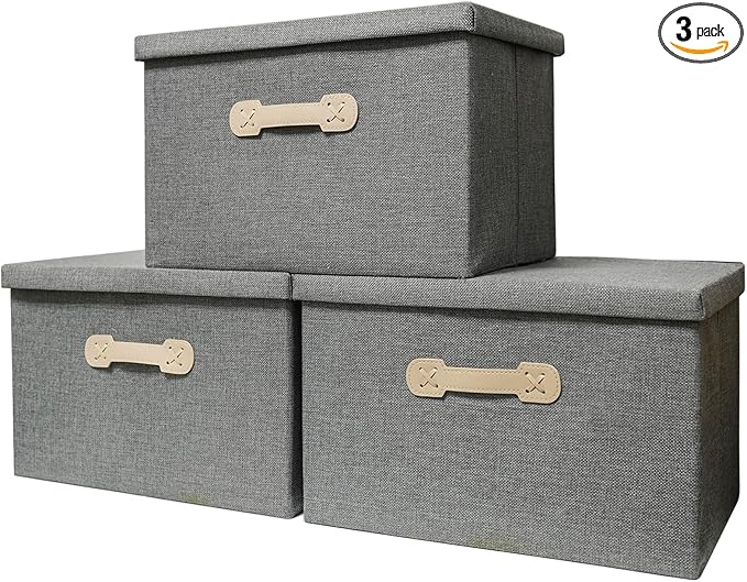 Enzk&Unity Decorative Storage Boxes with Lids, 3 Pack Grey Fabric Storage Bins with Handle, Foldbale and Stackable Storage Boxes for Shelf, Closet, Bedroom, Living Room-Ruum Studio Home
