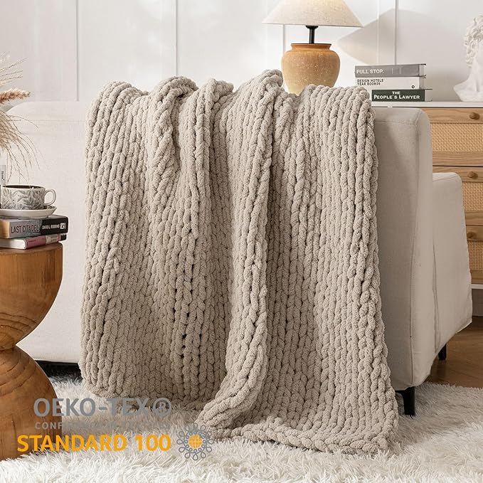 Chunky Knit Blanket Throw, 100% Hand Knit Throw Blanket Handmade Chenille Cable Knit Throw for Couch, Stylish Cozy Soft Rope Knot Crochet Blanket for Home Decor, Beige Linen, 60x80 Inches-Ruum Studio Home