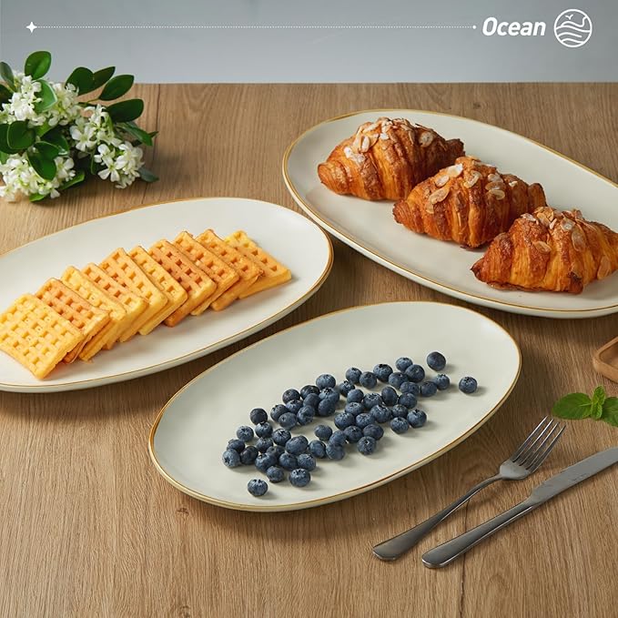 famiware Serving Platter, Oval 15.59/14.3/12.9inch Serving Dishes for Entertaining, Serving Bowls, Microwave Safe, Stoneware Serving Trays for Party, Food, Turkey, Cheese, Ocean Series, Vanilla White-Ruum Studio Home