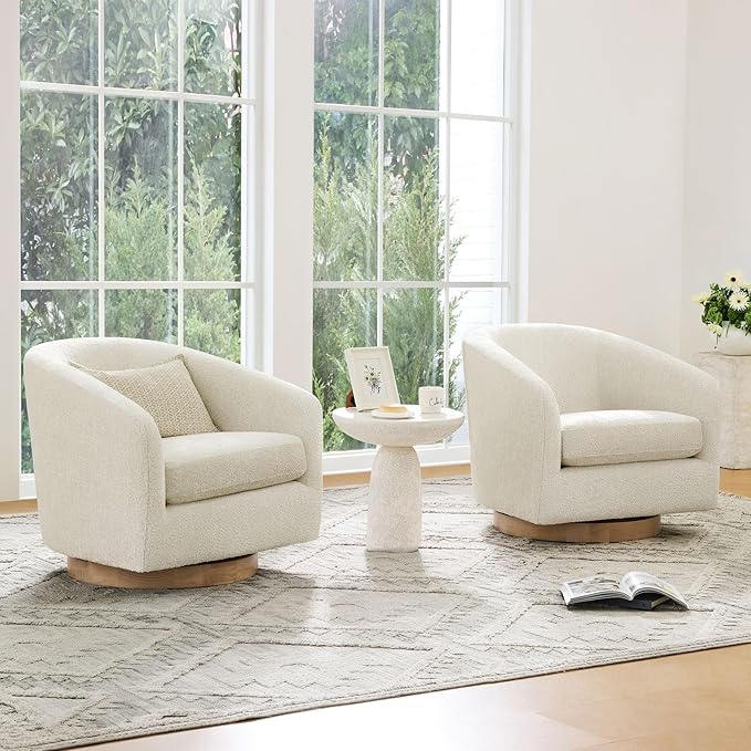 CHITA Swivel Accent Chair, FSC Certified Upholstered Fabric Barrel Chair for Living Room, Fully Assembled, Cream-Ruum Studio Home